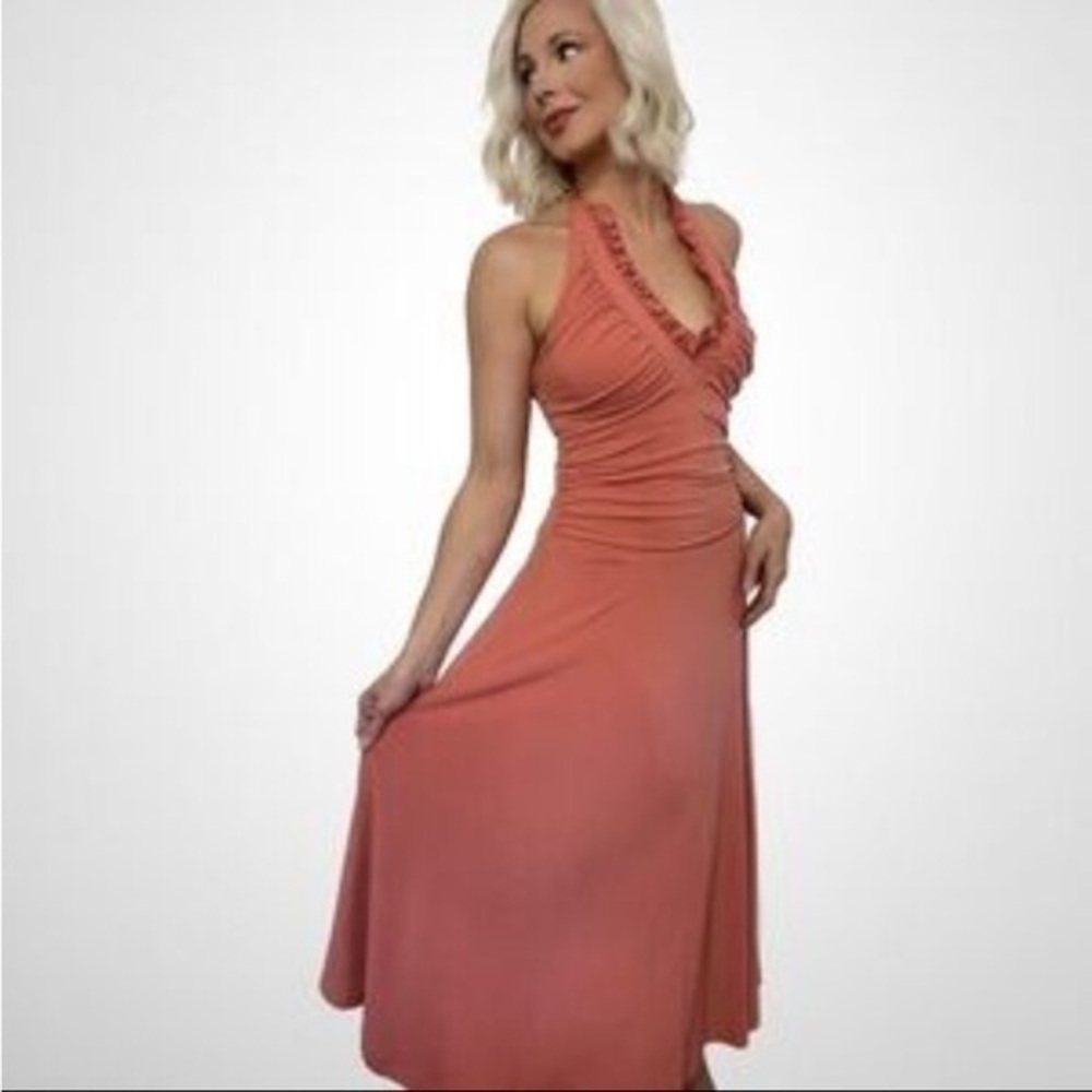 Shape FX Slimming Halter Ruffle Coral Mauve Maxi Dress Women’s size XL 16
